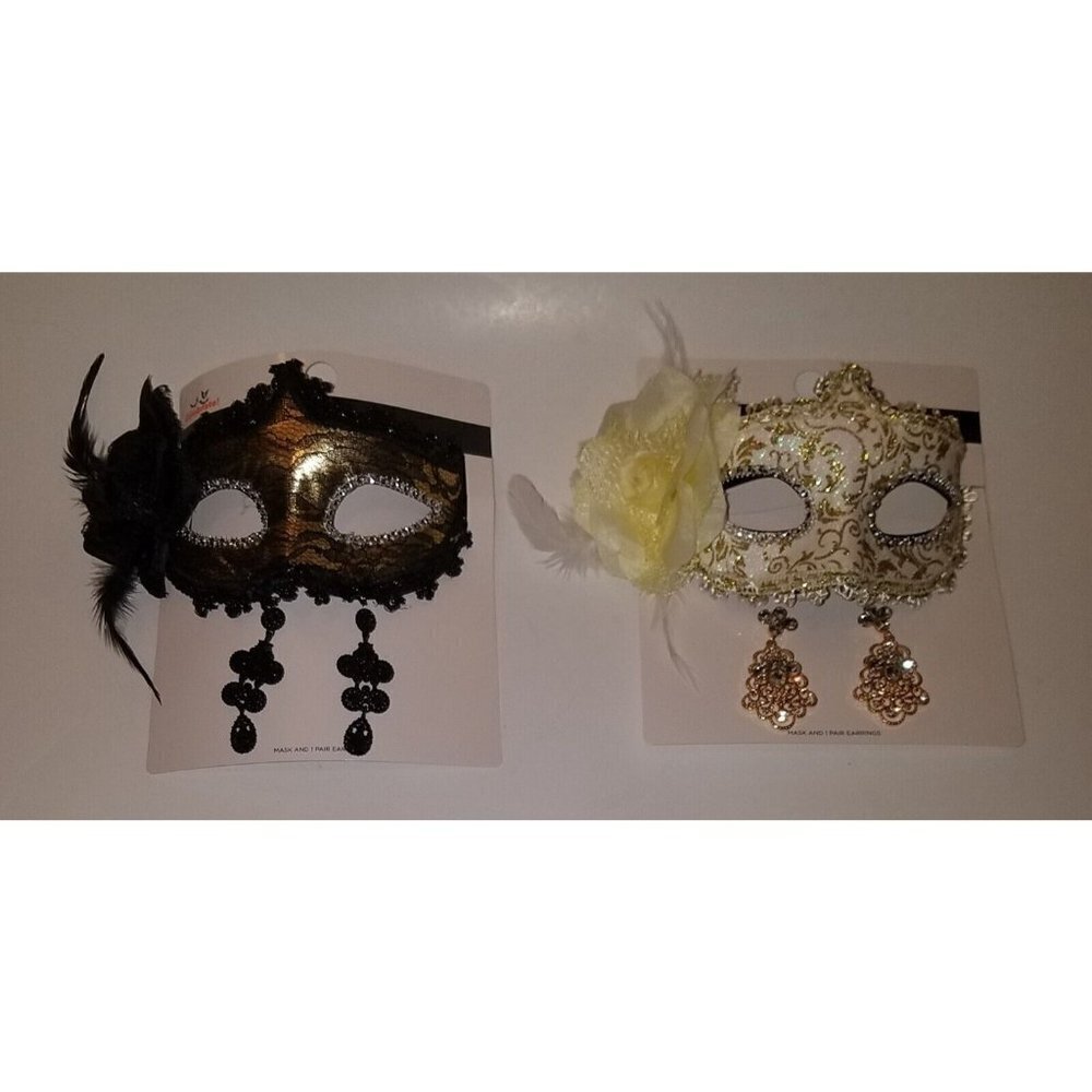 NEW 2 Adult Masquerade Mask Matching Earrings Set Halloween Ivory Gold Black Lot